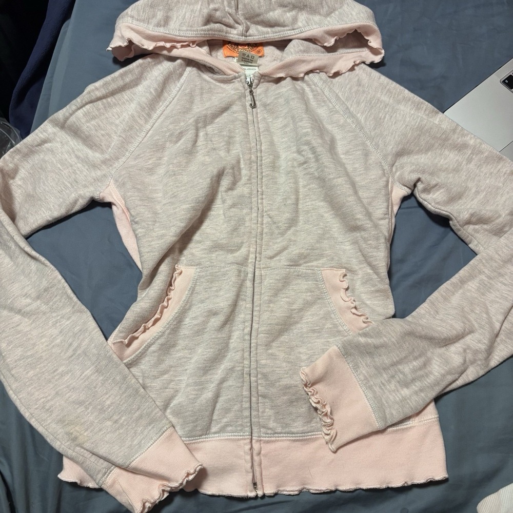Vtg Juicy Couture Y2K Zip Hoodie Pink Gray Ruffle Trim Full Zip Size Small